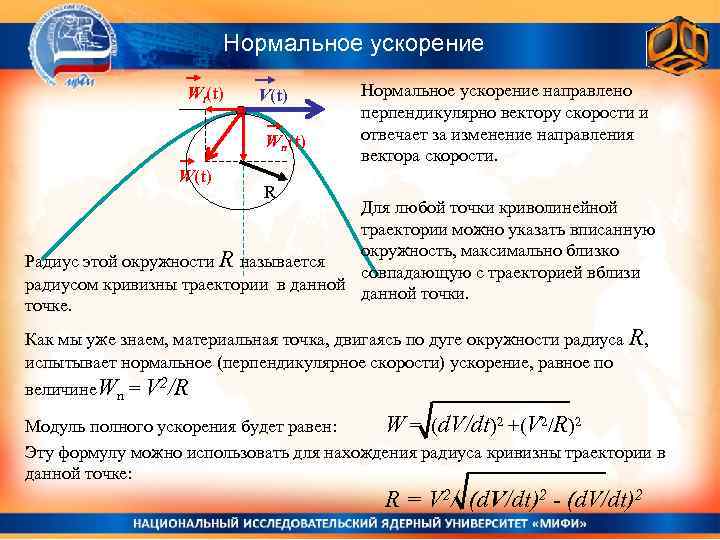 Нормальное ускорение Wt(t) V(t) Wn(t) W(t) Нормальное ускорение направлено перпендикулярно вектору скорости и отвечает