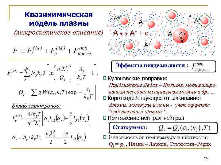 Квазихимическая модель плазмы (микроскопичекое описание) A+ e A++ A A+ + e A A+