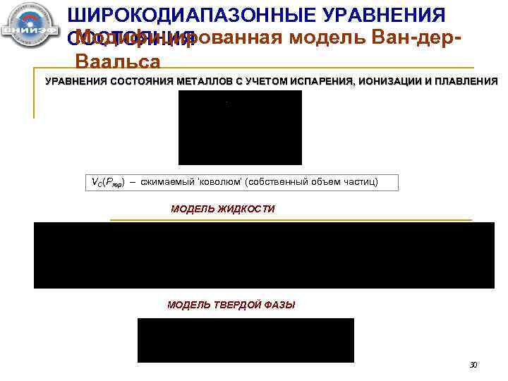 ШИРОКОДИАПАЗОННЫЕ УРАВНЕНИЯ Модифицированная модель Ван-дер. СОСТОЯНИЯ Ваальса УРАВНЕНИЯ СОСТОЯНИЯ МЕТАЛЛОВ С УЧЕТОМ ИСПАРЕНИЯ, ИОНИЗАЦИИ