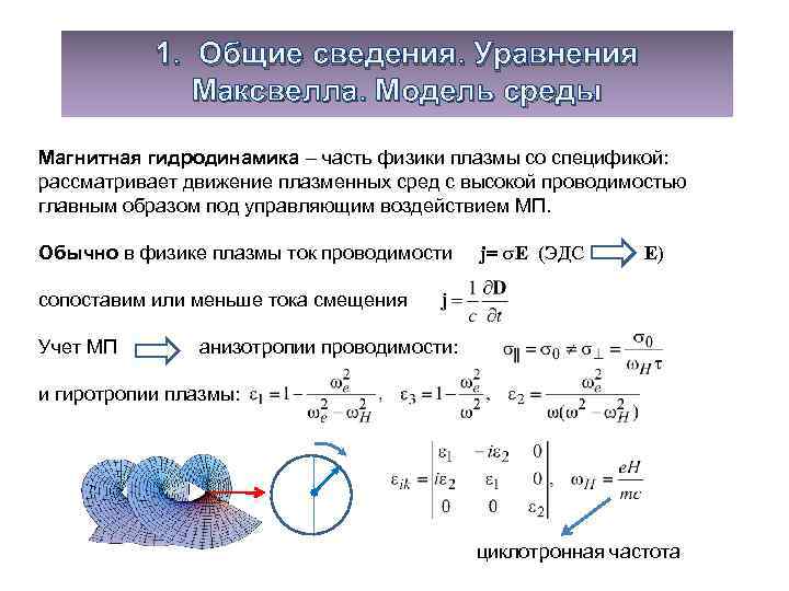 1. Общие сведения. Уравнения Максвелла. Модель среды Магнитная гидродинамика – часть физики плазмы со