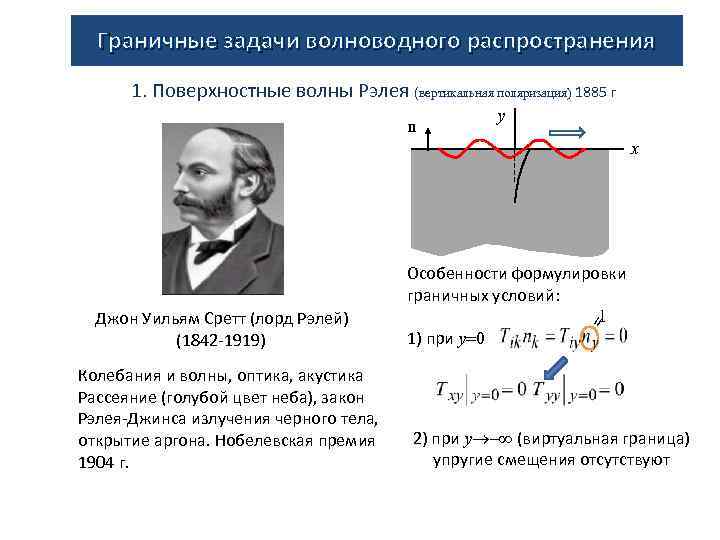 Граничные задачи волноводного распространения 1. Поверхностные волны Рэлея (вертикальная поляризация) 1885 г n y