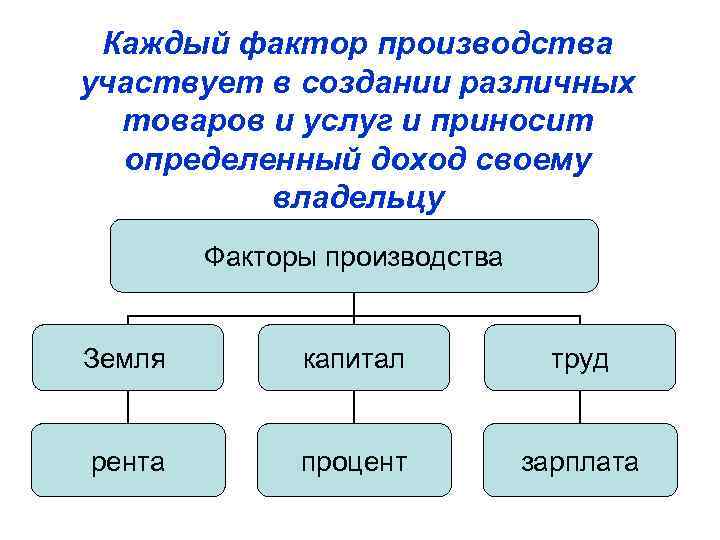 Каждый фактор производства участвует в создании различных товаров и услуг и приносит определенный доход