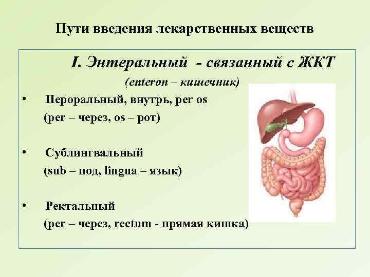 Пути введения лекарственных веществ I. Энтеральный - связанный с ЖКТ • (enteron – кишечник)