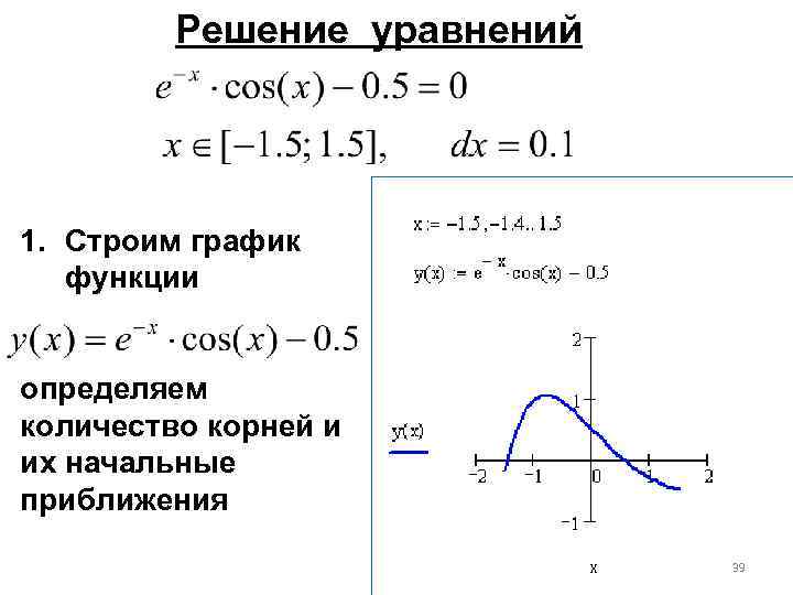Решение уравнений 1. Строим график функции определяем количество корней и их начальные приближения 39
