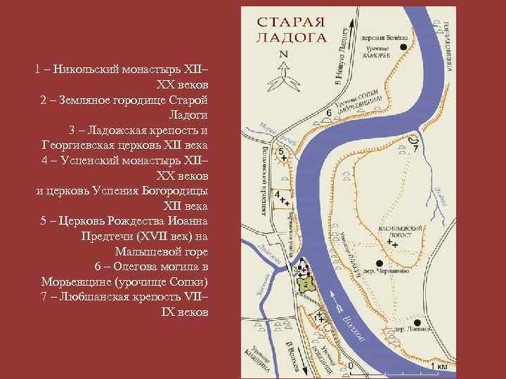 1 – Никольский монастырь XII– XX веков 2 – Земляное городище Старой Ладоги 3