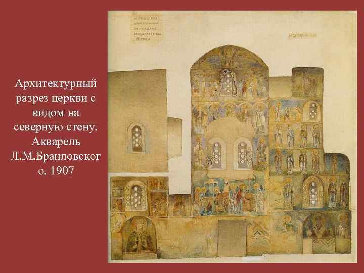 Архитектурный разрез церкви с видом на северную стену. Акварель Л. М. Браиловског о. 1907