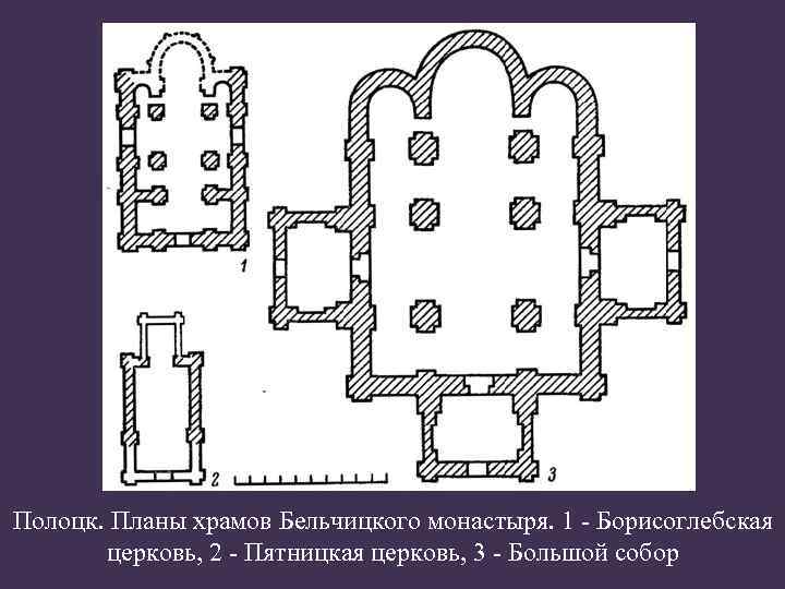 Полоцк. Планы храмов Бельчицкого монастыря. 1 - Борисоглебская церковь, 2 - Пятницкая церковь, 3