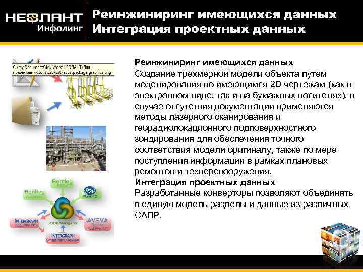 Реинжиниринг имеющихся данных Интеграция проектных данных Реинжиниринг имеющихся данных Создание трехмерной модели объекта путем