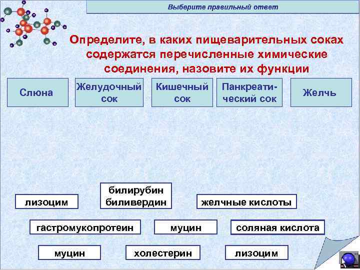 Определите, в каких пищеварительных соках содержатся перечисленные химические соединения, назовите их функции Желудочный сок