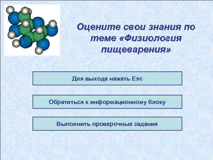 Оцените свои знания по теме «Физиология пищеварения» Для выхода нажать Esc Обратиться к информационному