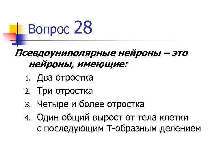 Вопрос 28 Псевдоуниполярные нейроны – это нейроны, имеющие: Два отростка 2. Три отростка 3.