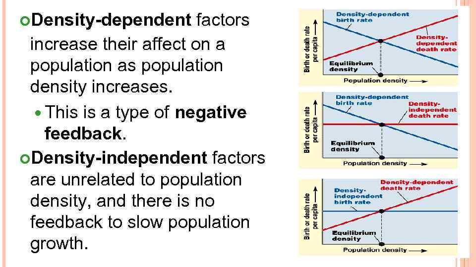  Density-dependent factors increase their affect on a population as population density increases. This