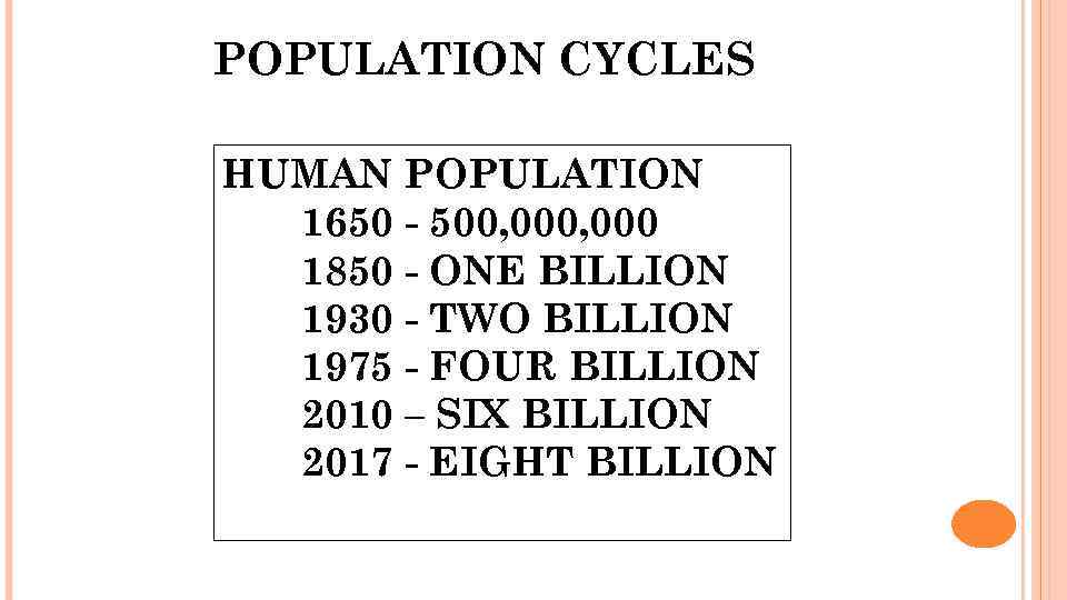 POPULATION CYCLES HUMAN POPULATION 1650 - 500, 000 1850 - ONE BILLION 1930 -