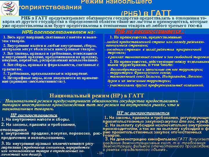 Режим наибольшего благоприятствования (РНБ ) в ГАТТ РНБ а ГАТТ предусматривает обязанности государства предоставлять