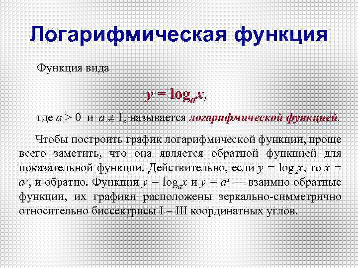 Логарифмическая функция Функция вида y = logax, где а > 0 и a 1,