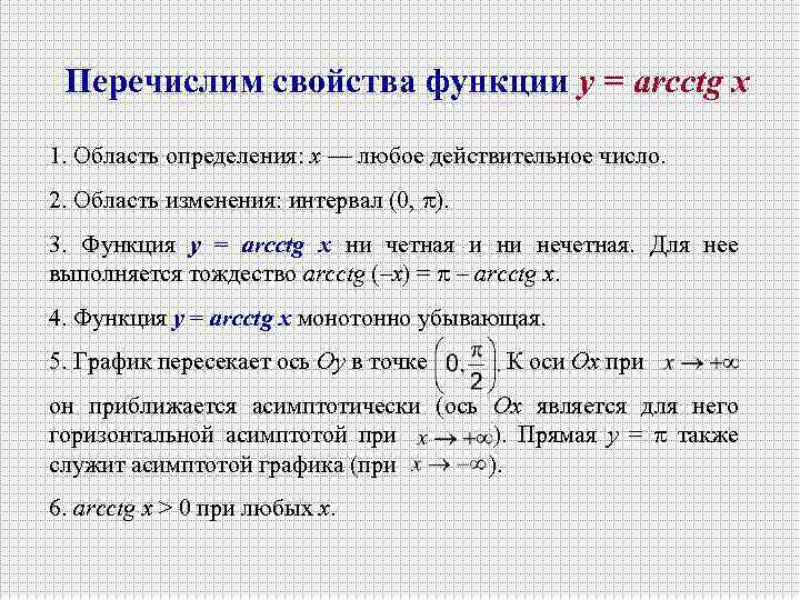 Перечислим свойства функции y = arсctg х 1. Область определения: х — любое действительное