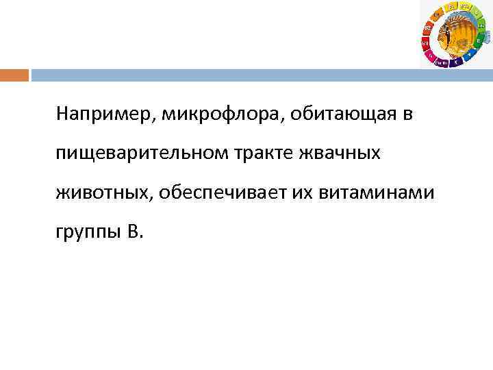 Например, микрофлора, обитающая в пищеварительном тракте жвачных животных, обеспечивает их витаминами группы В. 