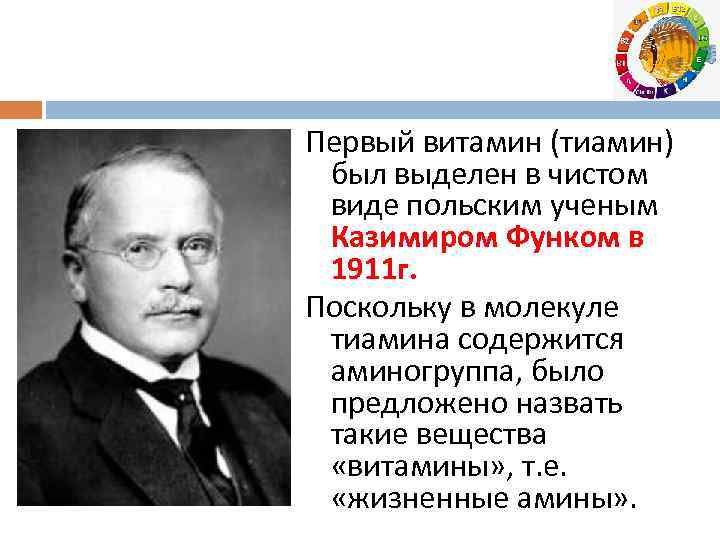 Первый витамин (тиамин) был выделен в чистом виде польским ученым Казимиром Функом в 1911