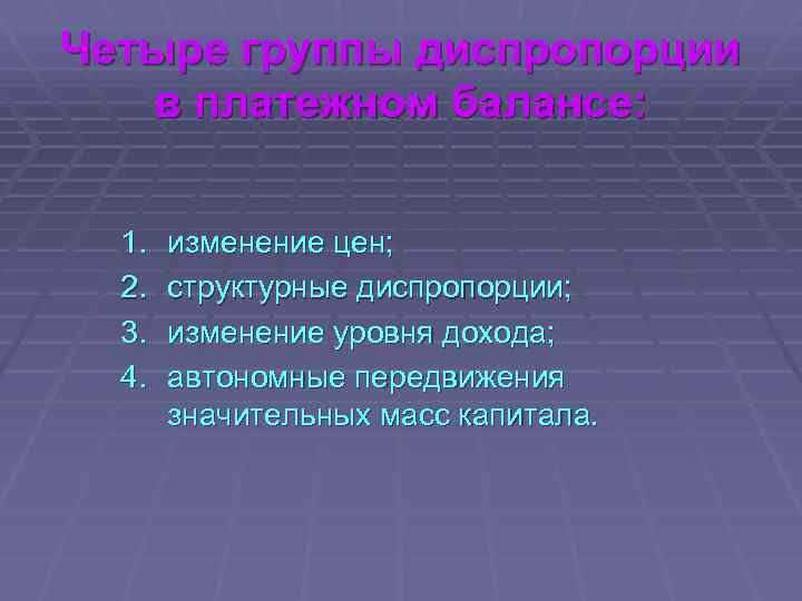 Четыре группы диспропорции в платежном балансе: 1. 2. 3. 4. изменение цен; структурные диспропорции;