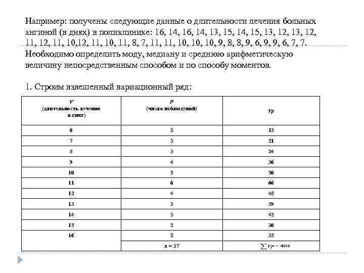 Например: получены следующие данные о длительности лечения больных ангиной (в днях) в поликлинике: 16,