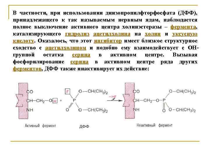 В частности, при использовании диизопропилфторфосфата (ДФФ), принадлежащего к так называемым нервным ядам, наблюдается полное