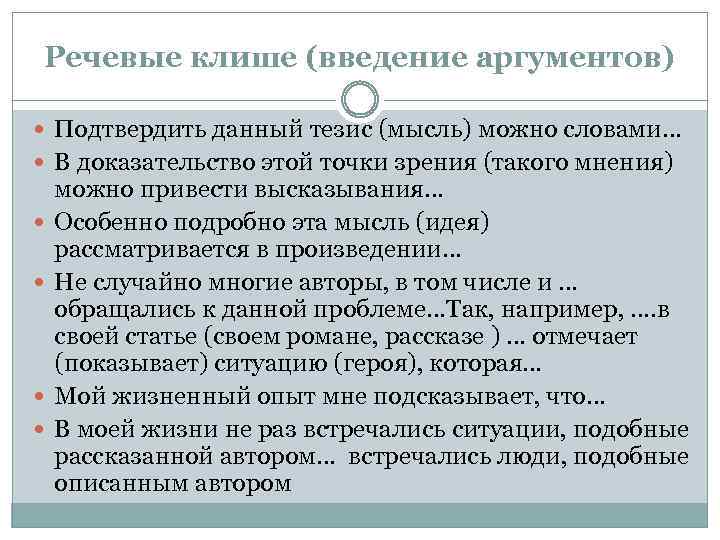 Речевые клише (введение аргументов) Подтвердить данный тезис (мысль) можно словами… В доказательство этой точки