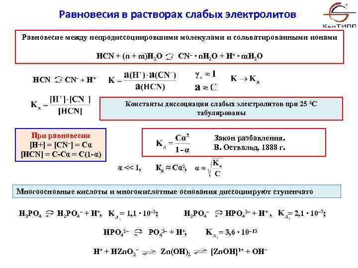 Равновесия в растворах слабых электролитов Равновесие между непродиссоциировшими молекулами и сольватированными ионами HCN +