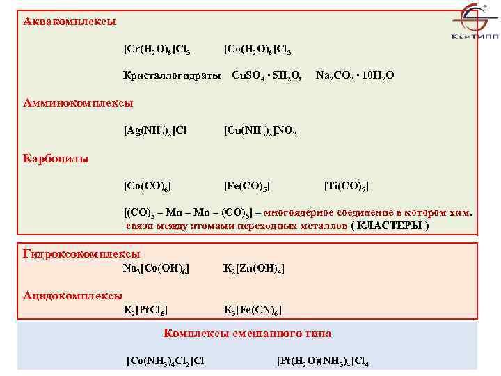 Аквакомплексы [Cr(H 2 O)6]Cl 3 [Co(H 2 O)6]Cl 3 Кристаллогидраты Cu. SO 4 ∙