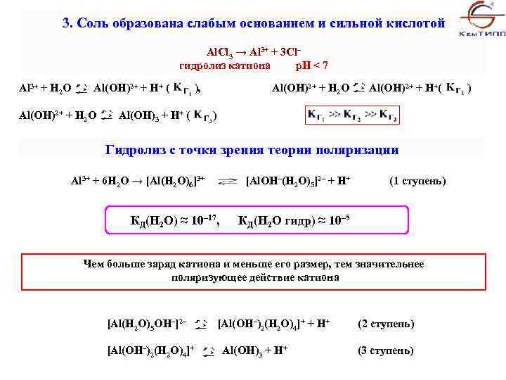 3. Соль образована слабым основанием и сильной кислотой Al. Cl 3 → Al 3+