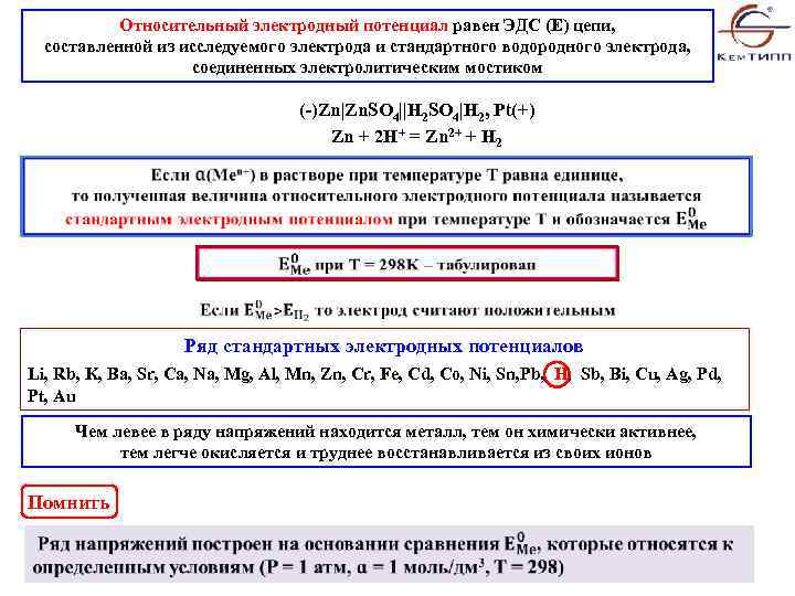 Относительный электродный потенциал равен ЭДС (E) цепи, составленной из исследуемого электрода и стандартного водородного