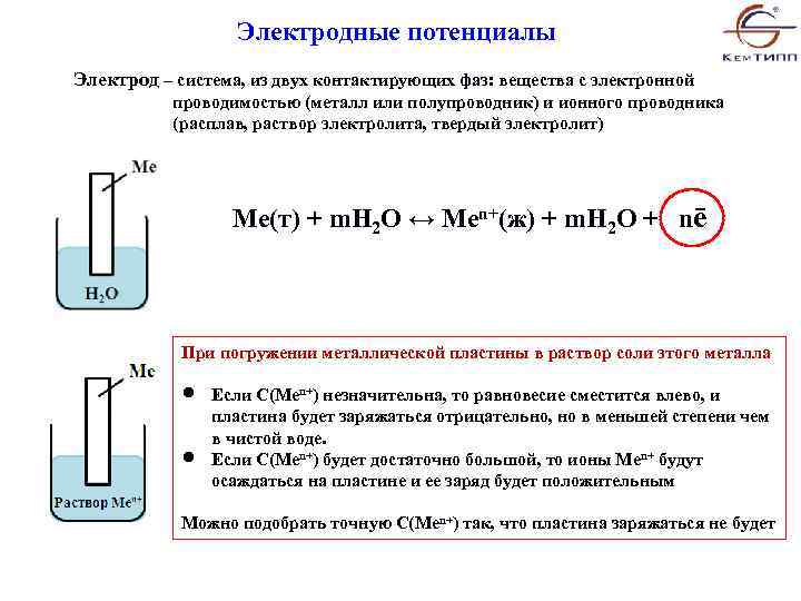 Электродные потенциалы Электрод – система, из двух контактирующих фаз: вещества с электронной проводимостью (металл