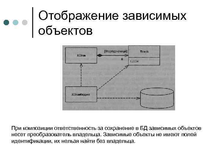 Отображение зависимых объектов При композиции ответственность за сохранение в БД зависимых объектов несет преобразователь