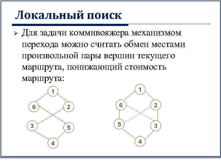 Локальный поиск Ø Для задачи коммивояжера механизмом перехода можно считать обмен местами произвольной пары
