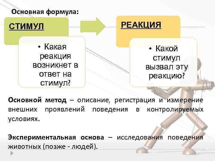 Основная формула: СТИМУЛ • Какая реакция возникнет в ответ на стимул? РЕАКЦИЯ • Какой