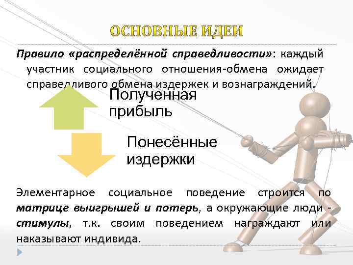 Правило «распределённой справедливости» : каждый участник социального отношения-обмена ожидает справедливого обмена издержек и вознаграждений.