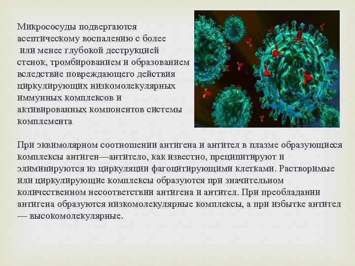 Микрососуды подвергаются асептическому воспалению с более или менее глубокой деструкцией стенок, тромбированием и образованием