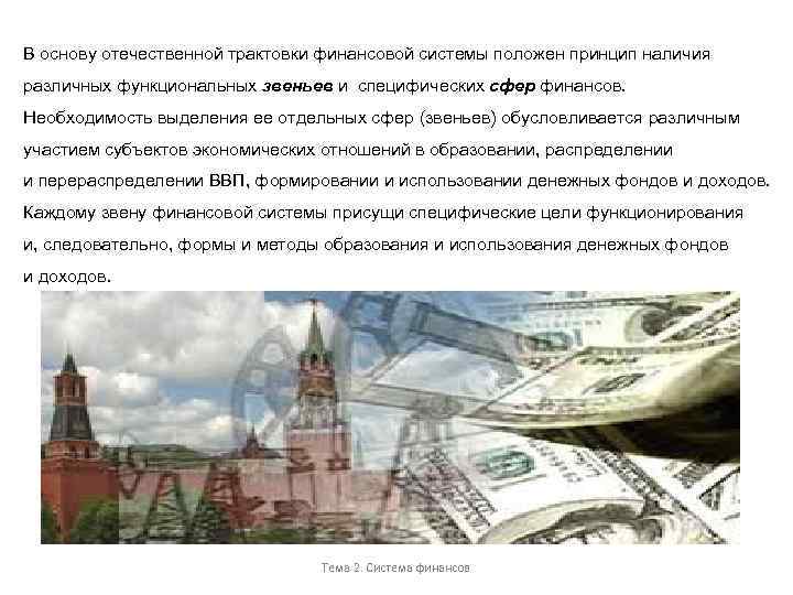 В основу отечественной трактовки финансовой системы положен принцип наличия различных функциональных звеньев и специфических