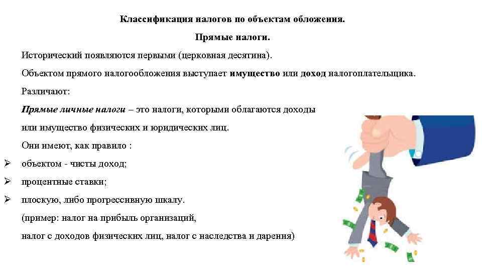 Классификация налогов по объектам обложения. Прямые налоги. Исторический появляются первыми (церковная десятина). Объектом прямого