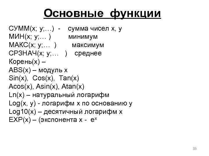 Основные функции СУММ(x; y; …) - cумма чисел x, у МИН(x; y; … )