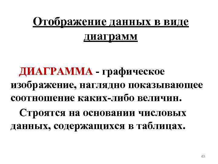 Отображение данных в виде диаграмм ДИАГРАММА - графическое изображение, наглядно показывающее соотношение каких-либо величин.