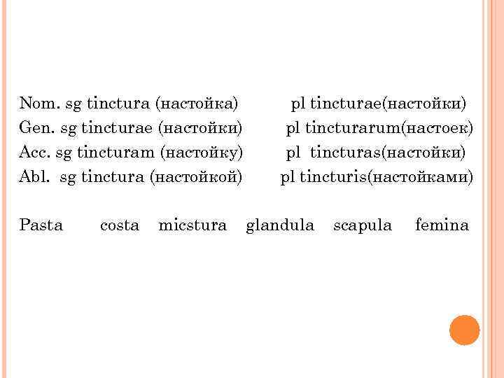 Nom. sg tinctura (настойка) Gen. sg tincturae (настойки) Acc. sg tincturam (настойку) Abl. sg