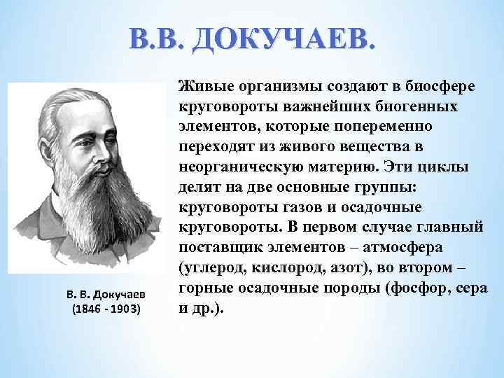 В. В. ДОКУЧАЕВ. В. В. Докучаев (1846 - 1903) Живые организмы создают в биосфере