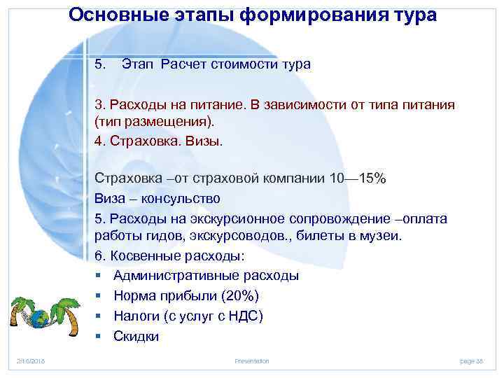 Основные этапы формирования тура 5. Этап Расчет стоимости тура 3. Расходы на питание. В