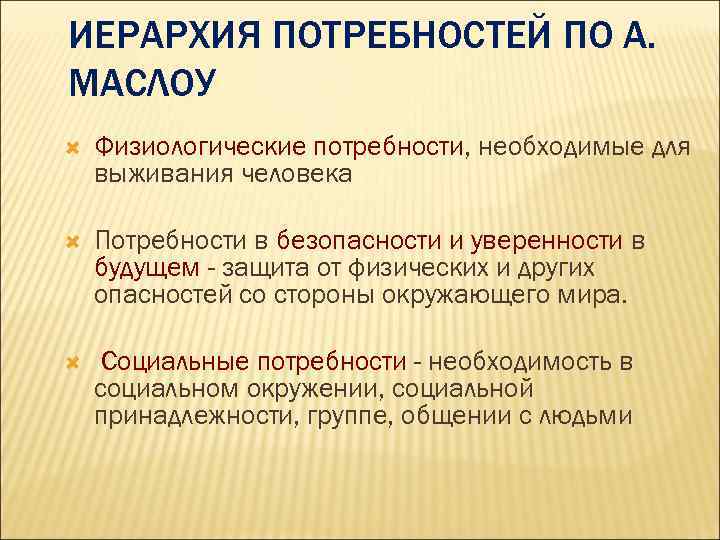 ИЕРАРХИЯ ПОТРЕБНОСТЕЙ ПО А. МАСЛОУ Физиологические потребности, необходимые для выживания человека Потребности в безопасности