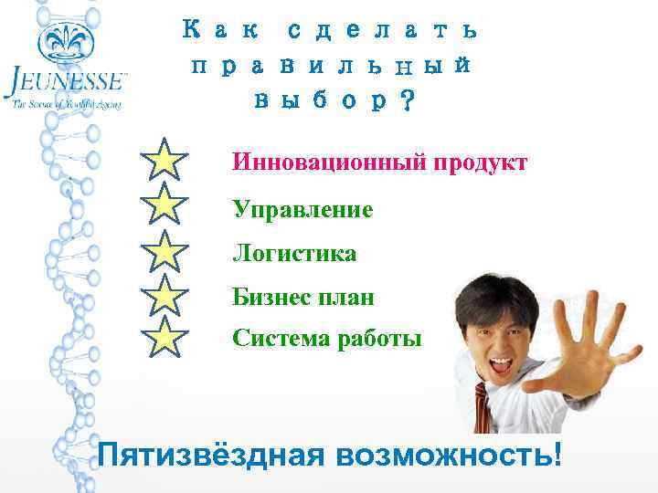 Как сделать правильный выбор ? Инновационный продукт Управление Логистика Бизнес план Система работы Пятизвёздная