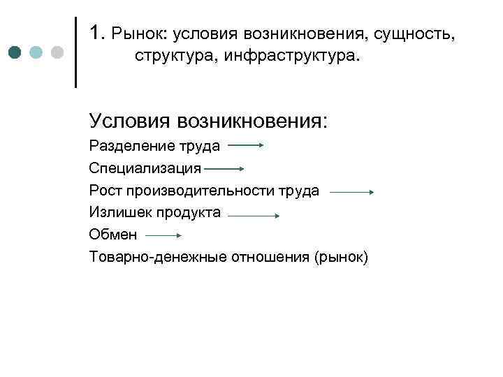 1. Рынок: условия возникновения, сущность, структура, инфраструктура. Условия возникновения: Разделение труда Специализация Рост производительности