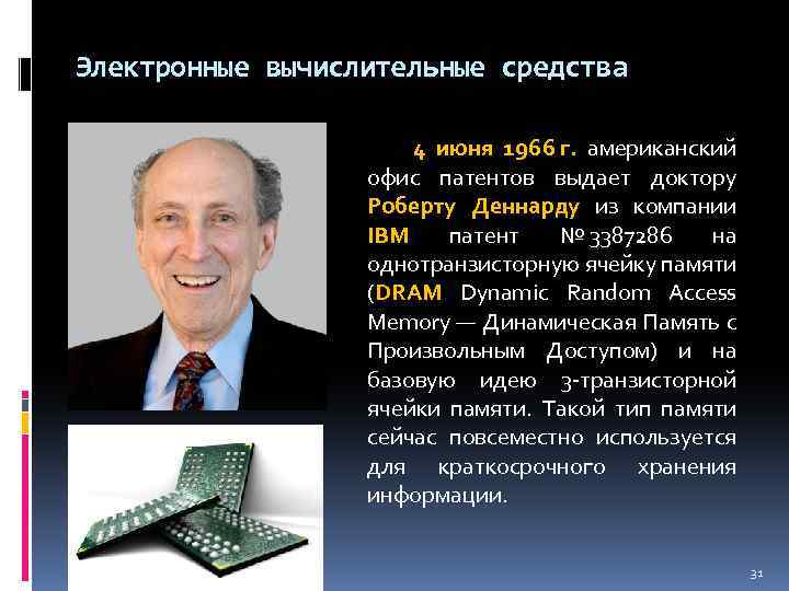 Электронные вычислительные средства 4 июня 1966 г. американский офис патентов выдает доктору Роберту Деннарду