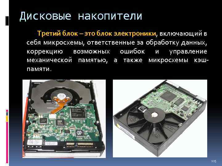 Дисковые накопители Третий блок – это блок электроники, включающий в себя микросхемы, ответственные за