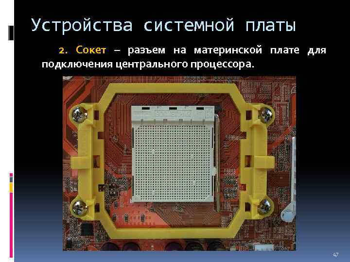 Устройства системной платы 2. Сокет – разъем на материнской плате для подключения центрального процессора.