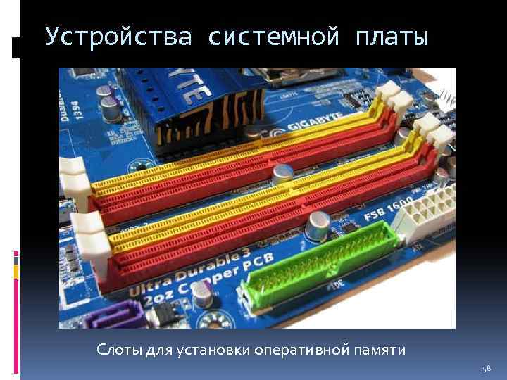 Устройства системной платы Слоты для установки оперативной памяти 58 